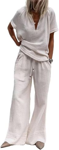Flamingals Casual 2 Piece Outfit for Women Button Short Sleeve Shirt Tops Drawstring Wide Pants Workout Sets Summer in Saudi Arabia