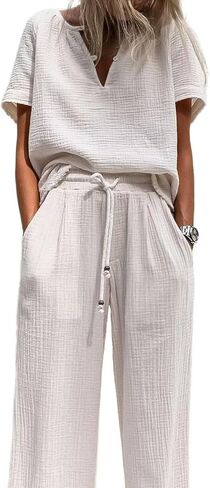 Flamingals Casual 2 Piece Outfit for Women Button Short Sleeve Shirt Tops Drawstring Wide Pants Workout Sets Summer in Saudi Arabia