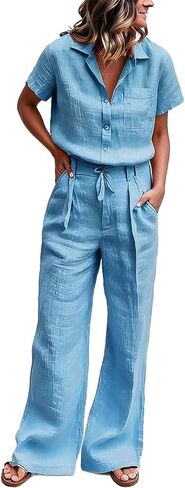 Flamingals Casual 2 Piece Outfit for Women Button Short Sleeve Shirt Tops Drawstring Wide Pants Workout Sets Summer in Saudi Arabia