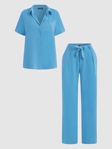 Flamingals Casual 2 Piece Outfit for Women Button Short Sleeve Shirt Tops Drawstring Wide Pants Workout Sets Summer in Saudi Arabia