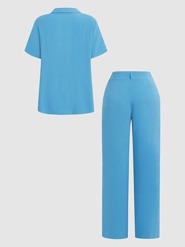 Flamingals Casual 2 Piece Outfit for Women Button Short Sleeve Shirt Tops Drawstring Wide Pants Workout Sets Summer in Saudi Arabia