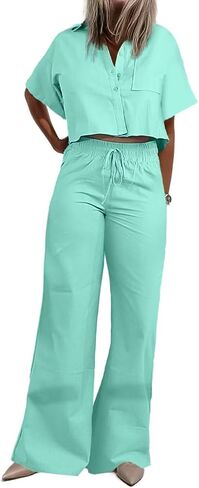 Flamingals Casual 2 Piece Outfit for Women Button Short Sleeve Shirt Tops Drawstring Wide Pants Workout Sets Summer in Saudi Arabia