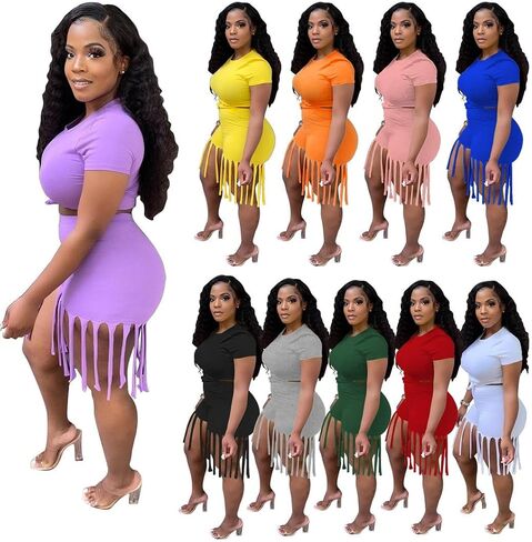 Fringe Short Set Women 2 Piece Outfit Short Sleeves Crop Tops Tassel Short Pants Set Sweatsuits Clubwear in Saudi Arabia