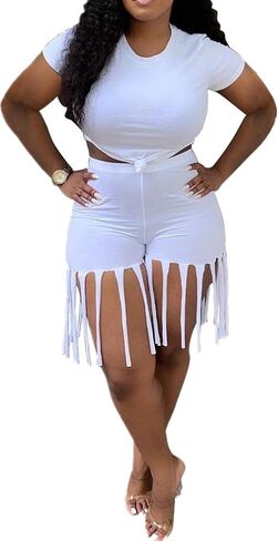 Fringe Short Set Women 2 Piece Outfit Short Sleeves Crop Tops Tassel Short Pants Set Sweatsuits Clubwear in Saudi Arabia