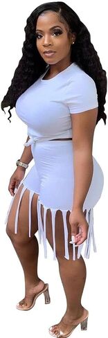 Fringe Short Set Women 2 Piece Outfit Short Sleeves Crop Tops Tassel Short Pants Set Sweatsuits Clubwear in Saudi Arabia