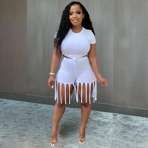 Fringe Short Set Women 2 Piece Outfit Short Sleeves Crop Tops Tassel Short Pants Set Sweatsuits Clubwear in Saudi Arabia