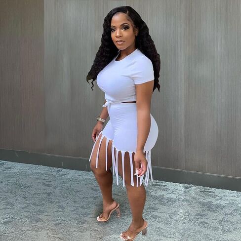 Fringe Short Set Women 2 Piece Outfit Short Sleeves Crop Tops Tassel Short Pants Set Sweatsuits Clubwear in Saudi Arabia