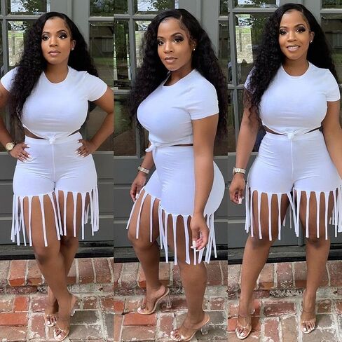 Fringe Short Set Women 2 Piece Outfit Short Sleeves Crop Tops Tassel Short Pants Set Sweatsuits Clubwear in Saudi Arabia