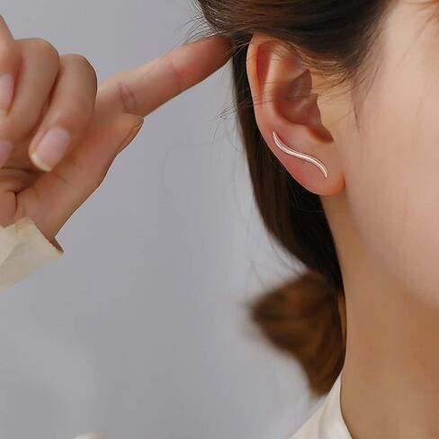 Reffeer Solid 925 Sterling Silver Curved Bar Earrings Crawler Ear Cuffs for Women Girls Bar Wrap Earrings Climber in Saudi Arabia