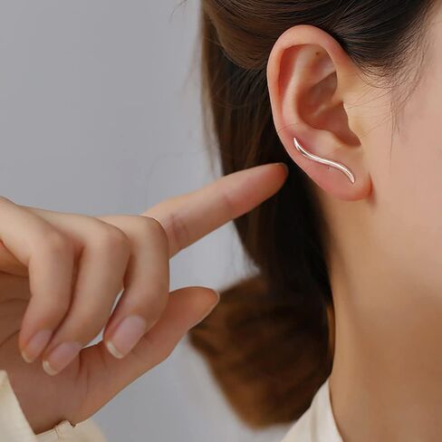 Reffeer Solid 925 Sterling Silver Curved Bar Earrings Crawler Ear Cuffs for Women Girls Bar Wrap Earrings Climber in Saudi Arabia