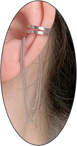 Silver Tassel Chain Ear Clip for Women Teen Girls 14k Gold No Piercing Cartilage Cuff Drop Dangle Earrings Layered Minimalist Wrap Earrings Jewelry in Saudi Arabia