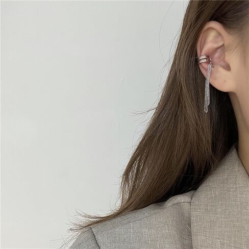 Silver Tassel Chain Ear Clip for Women Teen Girls 14k Gold No Piercing Cartilage Cuff Drop Dangle Earrings Layered Minimalist Wrap Earrings Jewelry in Saudi Arabia