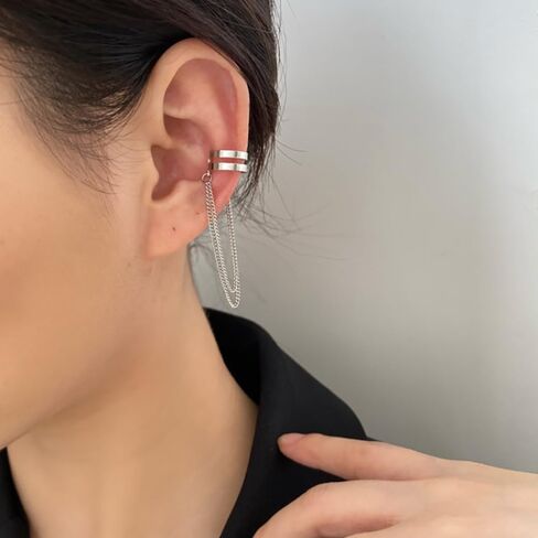 Silver Tassel Chain Ear Clip for Women Teen Girls 14k Gold No Piercing Cartilage Cuff Drop Dangle Earrings Layered Minimalist Wrap Earrings Jewelry in Saudi Arabia
