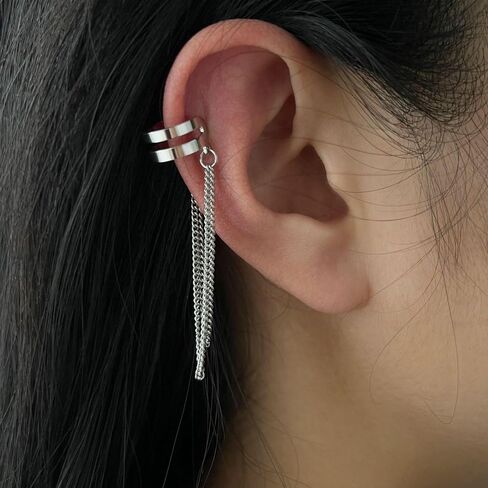 Silver Tassel Chain Ear Clip for Women Teen Girls 14k Gold No Piercing Cartilage Cuff Drop Dangle Earrings Layered Minimalist Wrap Earrings Jewelry in Saudi Arabia