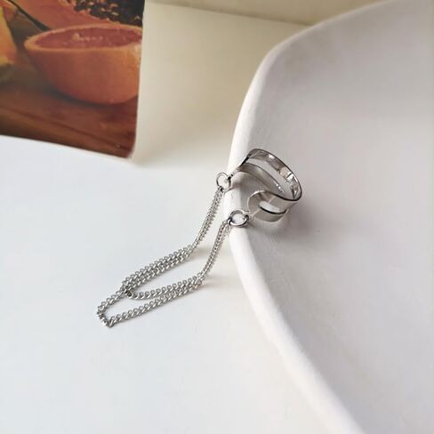 Silver Tassel Chain Ear Clip for Women Teen Girls 14k Gold No Piercing Cartilage Cuff Drop Dangle Earrings Layered Minimalist Wrap Earrings Jewelry in Saudi Arabia