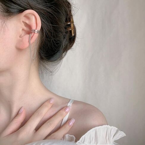 Silver Tassel Chain Ear Clip for Women Teen Girls 14k Gold No Piercing Cartilage Cuff Drop Dangle Earrings Layered Minimalist Wrap Earrings Jewelry in Saudi Arabia