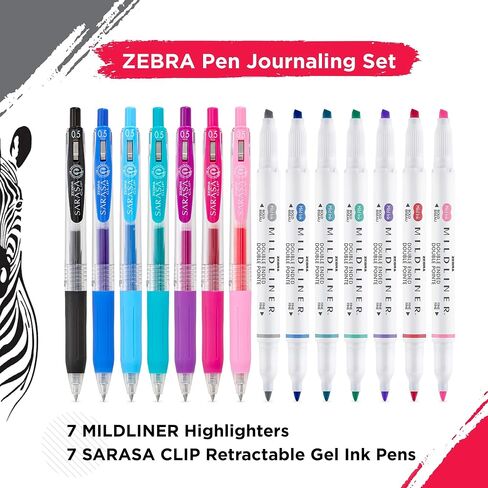 Zebra Pen Journaling Set, Includes 7 Mildliner Highlighters and 7 Sarasa Clip Retractable Gel Ink Pens, Assorted Colors, 14 Pack in Saudi Arabia