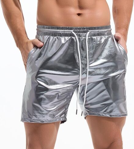 AMY COULEE Mens Metallic Shorts 5" Shiny Holographic Disco Shorts Outfit Sparkly Rave Hot Drawstring Shorts in Saudi Arabia