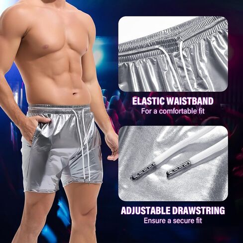 AMY COULEE Mens Metallic Shorts 5" Shiny Holographic Disco Shorts Outfit Sparkly Rave Hot Drawstring Shorts in Saudi Arabia