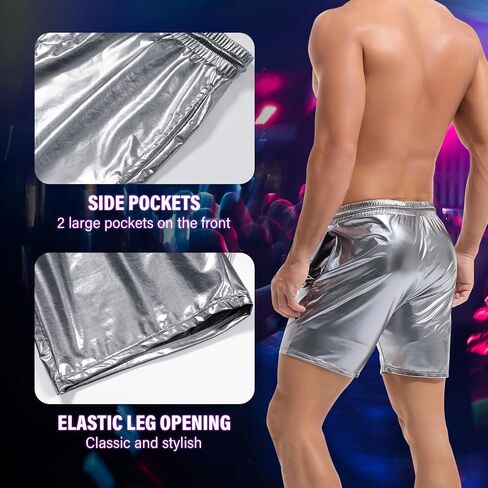 AMY COULEE Mens Metallic Shorts 5" Shiny Holographic Disco Shorts Outfit Sparkly Rave Hot Drawstring Shorts in Saudi Arabia