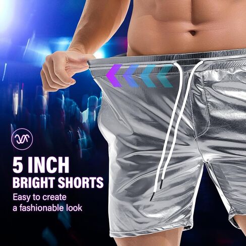 AMY COULEE Mens Metallic Shorts 5" Shiny Holographic Disco Shorts Outfit Sparkly Rave Hot Drawstring Shorts in Saudi Arabia