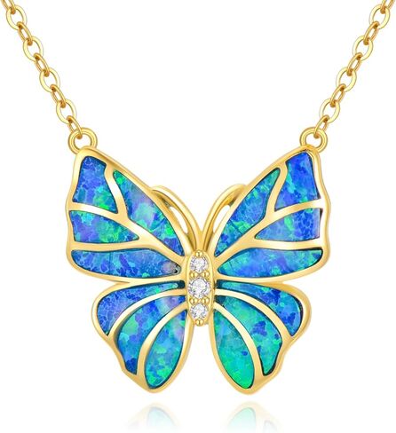 Aihpos 14K قلادة فراشة من الذهب الصلب للنساء - قلادة فراشة زرقاء أنيقة على شكل فراشة من الذهب الأصفر قلادة على شكل فراشة من العقيق الأزرق قلادة على شكل فراشة لها in Kuwait