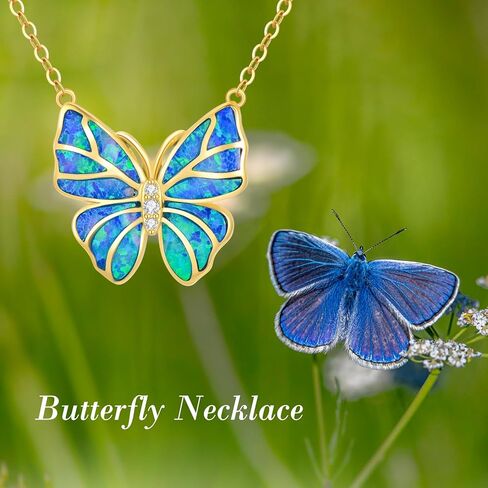Aihpos 14K قلادة فراشة من الذهب الصلب للنساء - قلادة فراشة زرقاء أنيقة على شكل فراشة من الذهب الأصفر قلادة على شكل فراشة من العقيق الأزرق قلادة على شكل فراشة لها in Kuwait