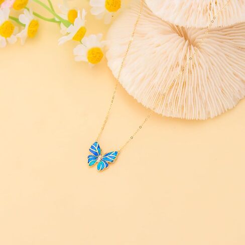 Aihpos 14K قلادة فراشة من الذهب الصلب للنساء - قلادة فراشة زرقاء أنيقة على شكل فراشة من الذهب الأصفر قلادة على شكل فراشة من العقيق الأزرق قلادة على شكل فراشة لها in Kuwait