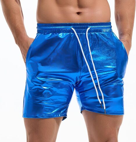 AMY COULEE Mens Metallic Shorts 5" Shiny Holographic Disco Shorts Outfit Sparkly Rave Hot Drawstring Shorts in Saudi Arabia