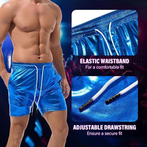 AMY COULEE Mens Metallic Shorts 5" Shiny Holographic Disco Shorts Outfit Sparkly Rave Hot Drawstring Shorts in Saudi Arabia