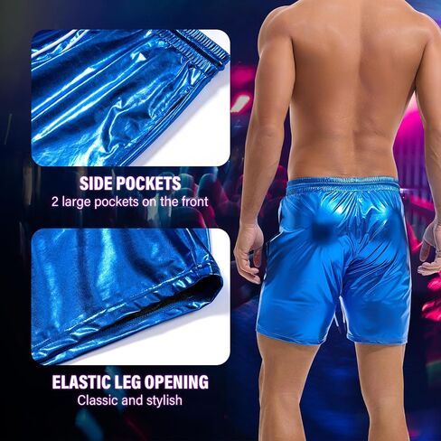 AMY COULEE Mens Metallic Shorts 5" Shiny Holographic Disco Shorts Outfit Sparkly Rave Hot Drawstring Shorts in Saudi Arabia