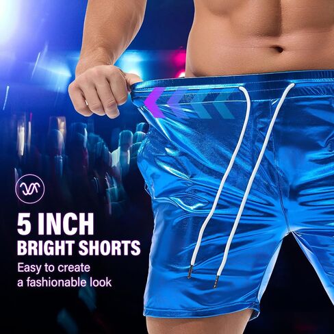 AMY COULEE Mens Metallic Shorts 5" Shiny Holographic Disco Shorts Outfit Sparkly Rave Hot Drawstring Shorts in Saudi Arabia
