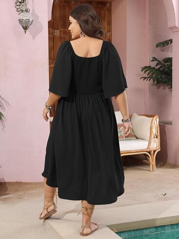 فستان صيفي مقاس كبير من SCOMCHIC فستان صيفي غير رسمي مكشكش وأكمام قصيرة وربطة عنق عميقة على شكل حرف V وأزرار سفلية فساتين ميدي فلوي على شكل حرف a in Kuwait