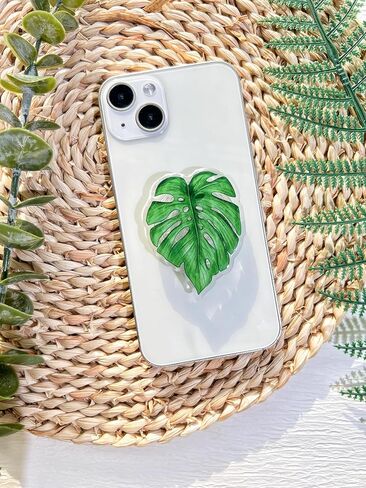 حامل قبضة الهاتف على شكل أوراق خضراء طبيعية من VJQ، حامل هاتف خلوي نباتي لطيف، ملحق سحر الهاتف قابل للطي، قبضة هاتف بمسند ممتد مع قاعدة قابلة للتبديل، مقبض قبضة لجهاز Kindle in Kuwait