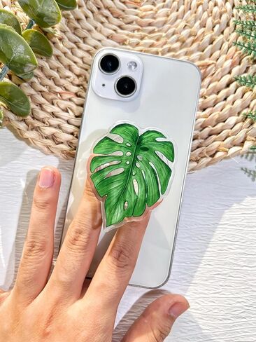 حامل قبضة الهاتف على شكل أوراق خضراء طبيعية من VJQ، حامل هاتف خلوي نباتي لطيف، ملحق سحر الهاتف قابل للطي، قبضة هاتف بمسند ممتد مع قاعدة قابلة للتبديل، مقبض قبضة لجهاز Kindle in Kuwait