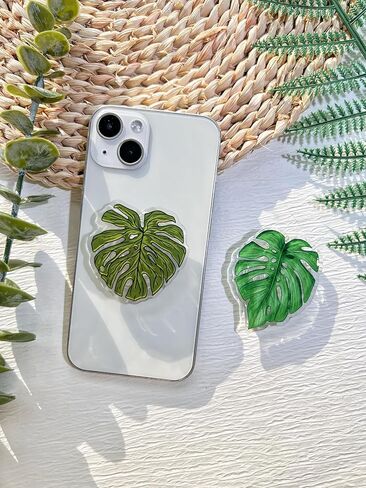 حامل قبضة الهاتف على شكل أوراق خضراء طبيعية من VJQ، حامل هاتف خلوي نباتي لطيف، ملحق سحر الهاتف قابل للطي، قبضة هاتف بمسند ممتد مع قاعدة قابلة للتبديل، مقبض قبضة لجهاز Kindle in Kuwait