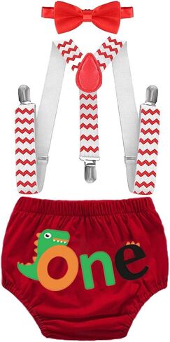 HIHCBF Dinosaur Theme Baby Boys First Birthday Cake Smash 3Pcs Outfits Diaper Cover Suspenders Bow Tie Baby Shower Costume in Kuwait