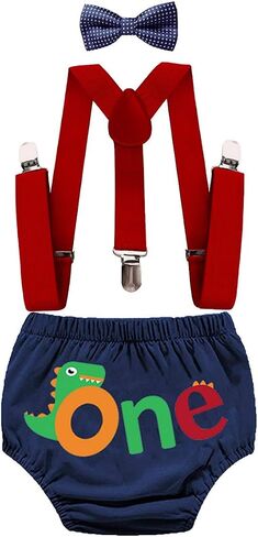 HIHCBF Dinosaur Theme Baby Boys First Birthday Cake Smash 3Pcs Outfits Diaper Cover Suspenders Bow Tie Baby Shower Costume in Saudi Arabia