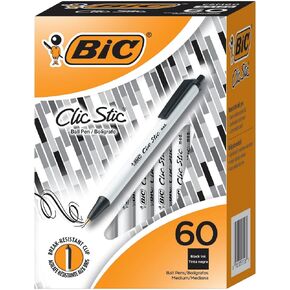 BIC Clic Stic Retractable Ballpoint Pen, 1 mm Medium Tip, Black, Pack of 60 in Kuwait