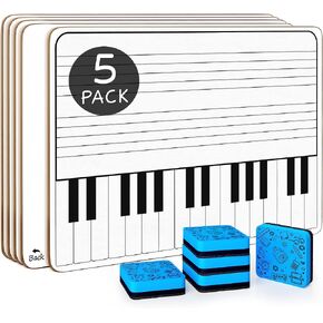 Scribbledo 5 Pack 11 x 14 Inch Piano Board Dry Erase White Boards Keyboard Lapboard l Double Sided Music Staff whiteboard for Kids Students, Musicians and Home (5 Erasers Included) in Kuwait