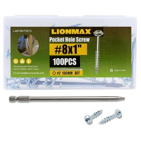 LIONMAX Pocket Hole Screws 1 Inch, 1000 PCS Interior Pocket Screw #8 x 1", Coarse Thread, Square Drive, Washer Head, Zinc Plated Pocket Hole Screws, 150MM and 75MM Drive Bit Included in Kuwait