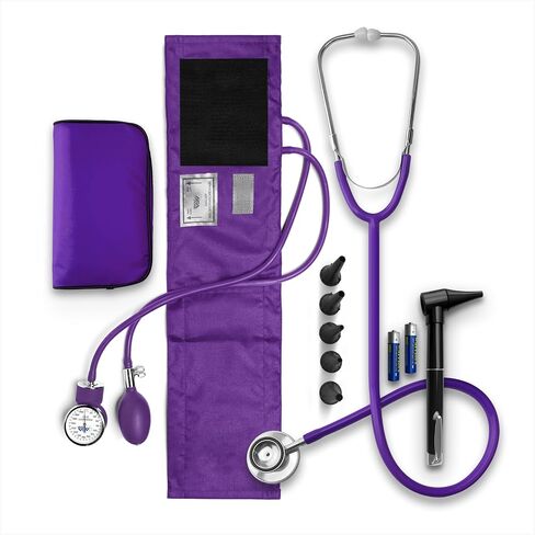 مجموعة أدوات أساسيات التمريض من ASA TECHMED مع حقيبة سفر محمولة | مجموعة مكونة من 3 أجزاء تتضمن جهاز قياس ضغط الدم اللاسائلي للبالغين، وسماعة الطبيب، ومنظار الأذن التشخيصي الصغير (أرجواني) in Kuwait