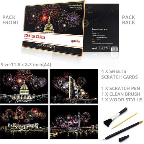 Scratch&Sketch Art Paper(A4) for Kids&Adults, Rainbow Painting Night View Scratchboard, Art&Craft, Engraving Art Set: 4 Scratch Cards & Scratch Drawing Pen, Clean Brush (Street Corner) in Kuwait