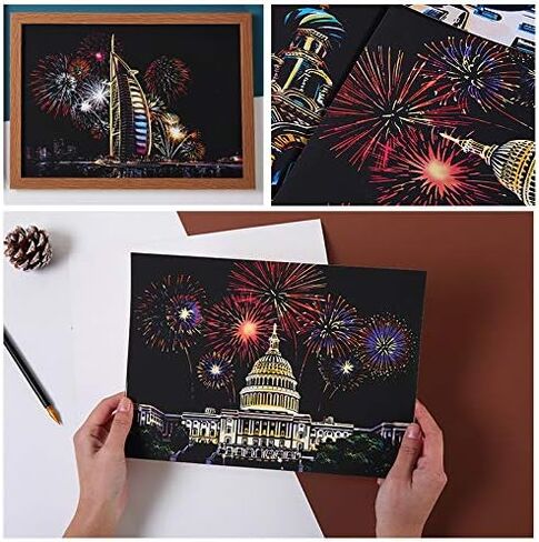 Scratch&Sketch Art Paper(A4) for Kids&Adults, Rainbow Painting Night View Scratchboard, Art&Craft, Engraving Art Set: 4 Scratch Cards & Scratch Drawing Pen, Clean Brush (Street Corner) in Kuwait