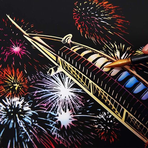 Scratch&Sketch Art Paper(A4) for Kids&Adults, Rainbow Painting Night View Scratchboard, Art&Craft, Engraving Art Set: 4 Scratch Cards & Scratch Drawing Pen, Clean Brush (Street Corner) in Kuwait