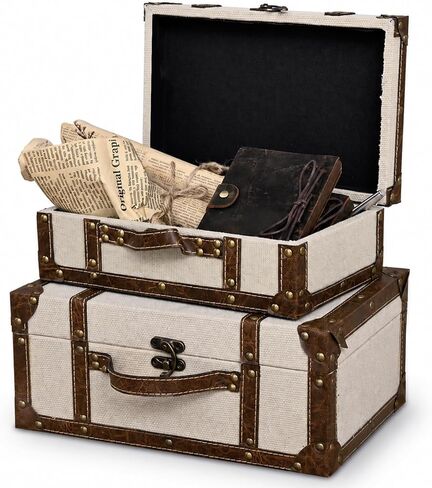 Vintage Suitcase Linen Fabric Covered Decorative Trunk Set of 2 - Antique-Style Wood Chests, Perfect for Weddings and Keepsakes in Kuwait