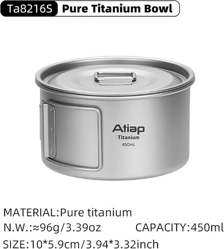Titanium Bowl Pot with Foldable Handle, Single-Wall Titanium Cooking Tableware Bowl with Folding Handle for Outdoor Camping Hiking Picnic (450ML and 600ML with Lid) in Kuwait
