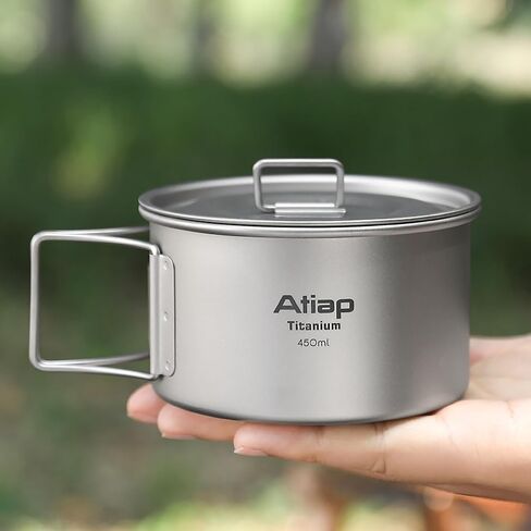 Titanium Bowl Pot with Foldable Handle, Single-Wall Titanium Cooking Tableware Bowl with Folding Handle for Outdoor Camping Hiking Picnic (450ML and 600ML with Lid) in Kuwait