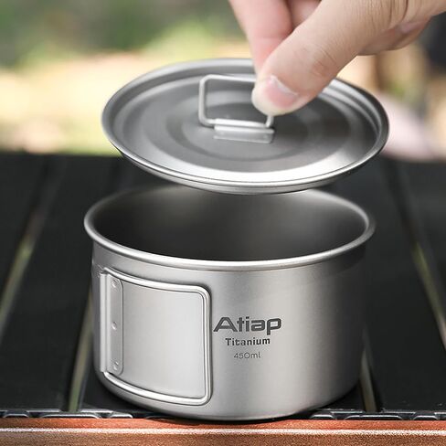 Titanium Bowl Pot with Foldable Handle, Single-Wall Titanium Cooking Tableware Bowl with Folding Handle for Outdoor Camping Hiking Picnic (450ML and 600ML with Lid) in Kuwait