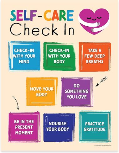 ZOCO Self Care Check In Poster — Mindfulness for Teens and Adults — Growth Mindet, Mental Health, Therapy Office Decor — School Counselor Must Haves — Laminated, 17" x 22" in Kuwait